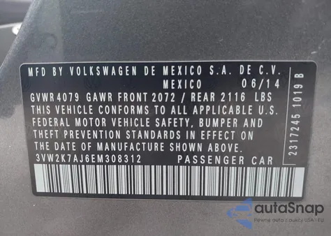 2014 Volkswagen Jetta 2.0L S z USA, uszkodzony, nr VIN 3VW2K7AJ6EM308312